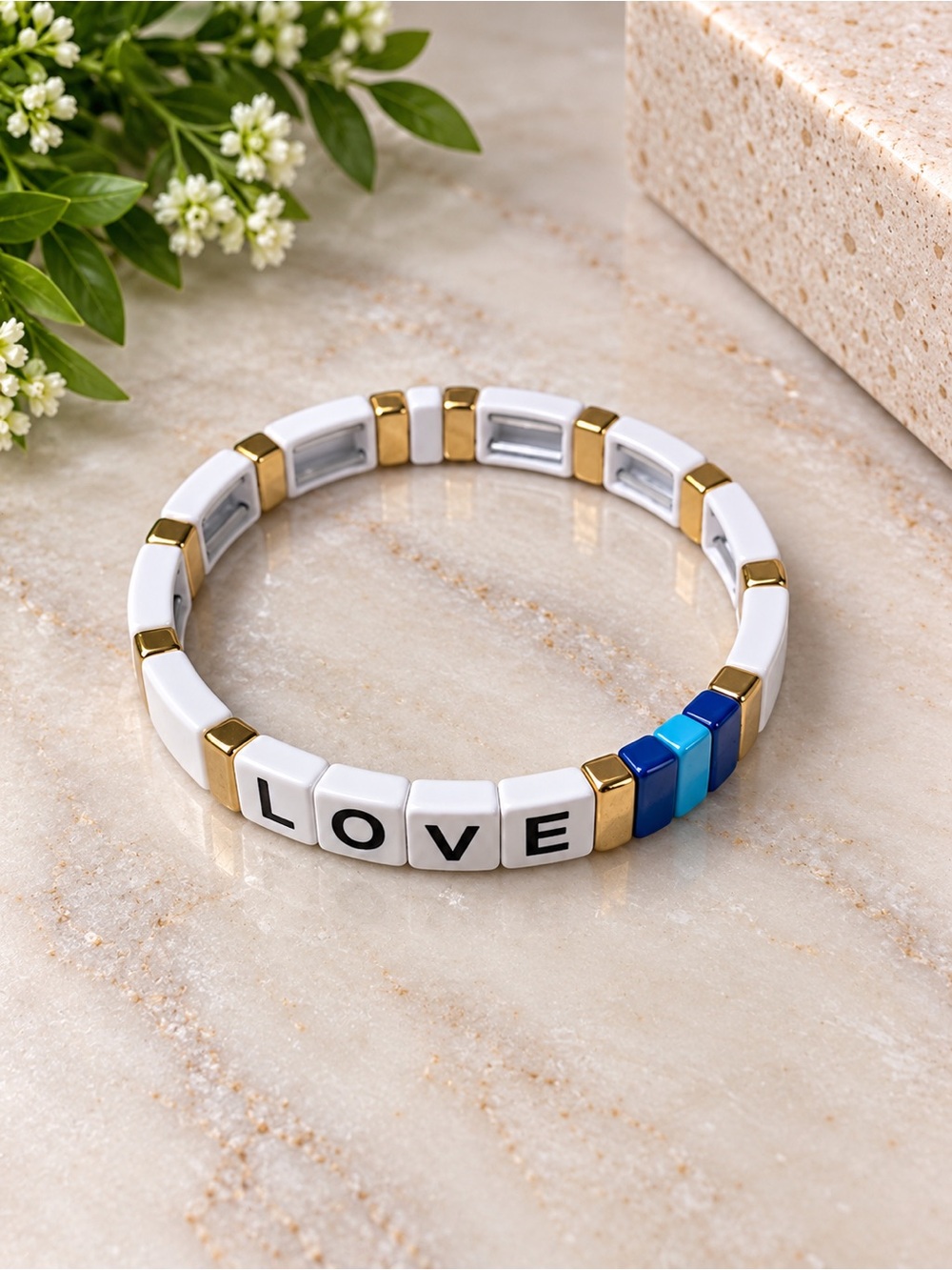 LOVE White and Blue Beaded Stretch Bracelet - Unbranded